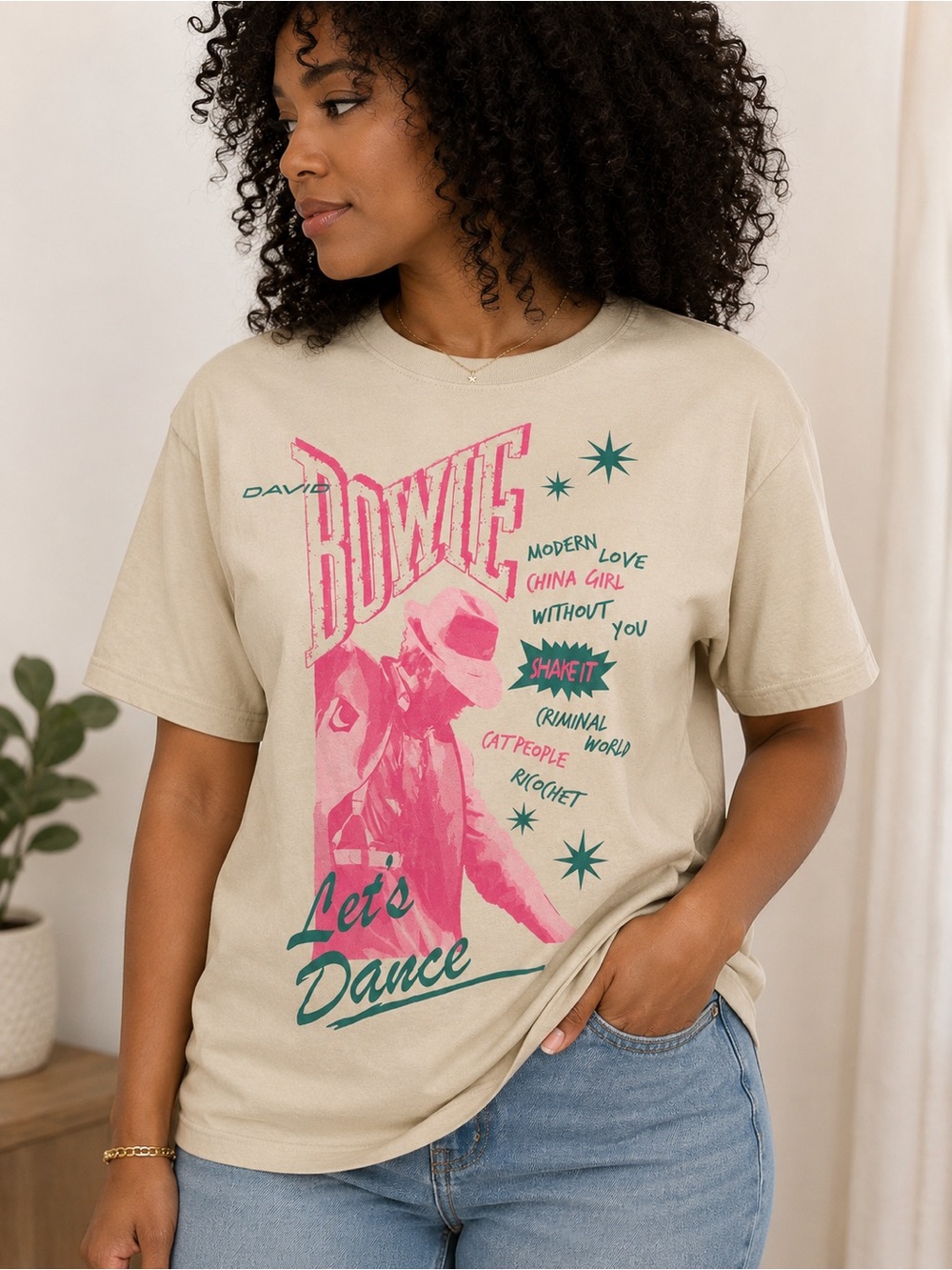 David Bowie Official Graphic T-Shirt XXL Let’s Dance Beige Pink Teal Tee